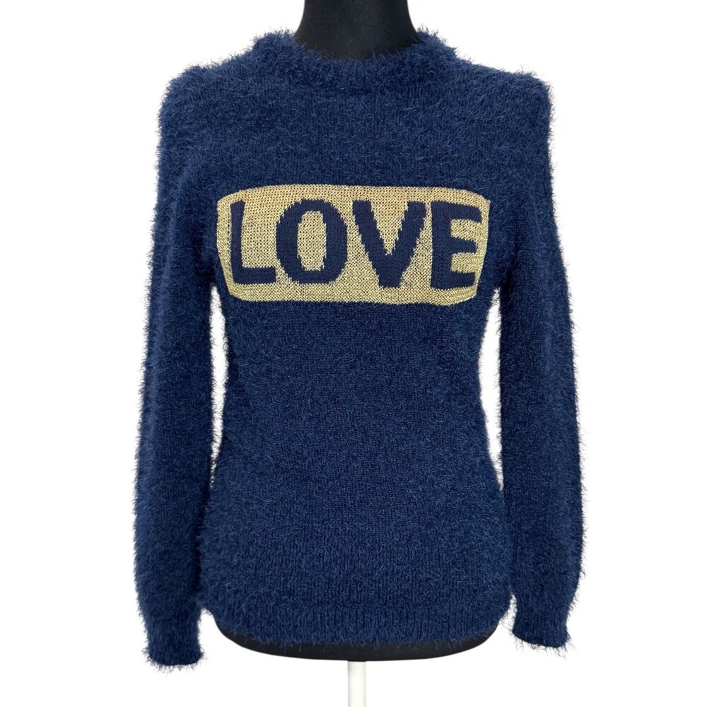 Roebuck & Co Women’s Navy Blue Fuzzy Knit Pullover LOVE Sweater Size Medium M